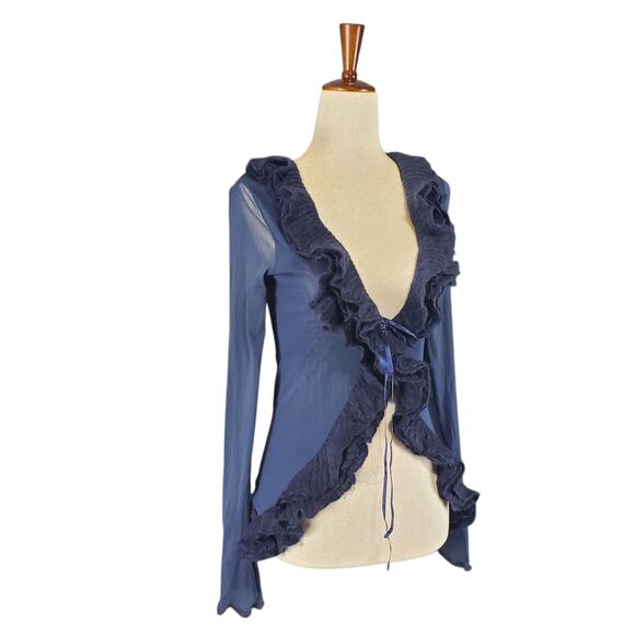 Y2k Euro Cardigan Mesh Navy Blue w/ Ruffle Front & Satin Bow - Small - Picture 2 of 8
